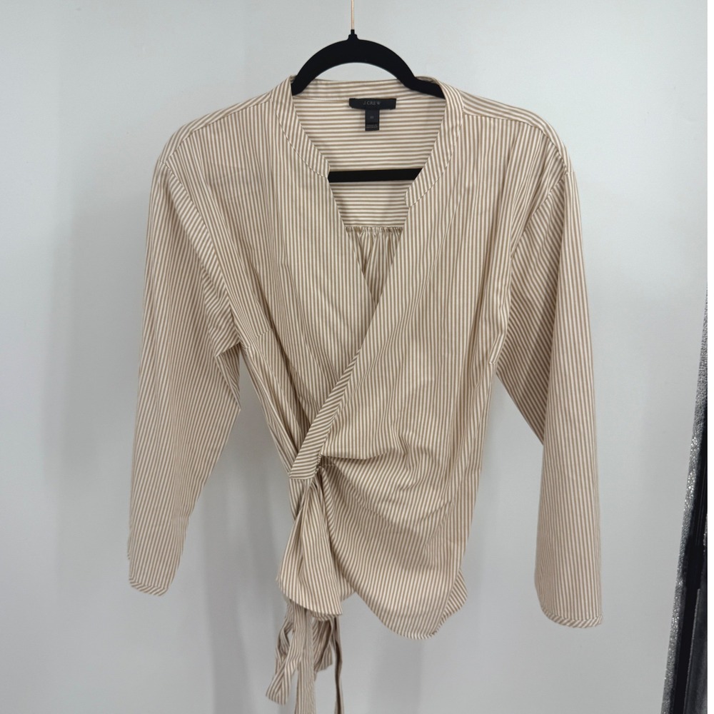 J.Crew Womens Tan White Striped Cotton Blend Side Tie Wrap Top M Neutral Beige